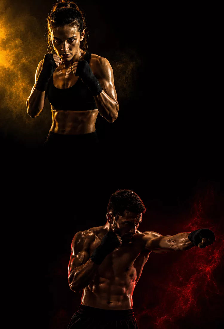 Atleta feminina em guarda e atleta masculino golpeando, ambos com bandagens de boxe