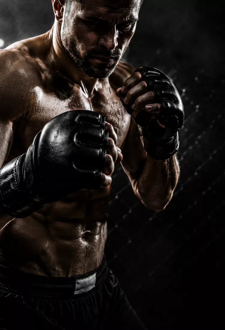 Lutador de MMA em posição de combate usando luvas de MMA pretas